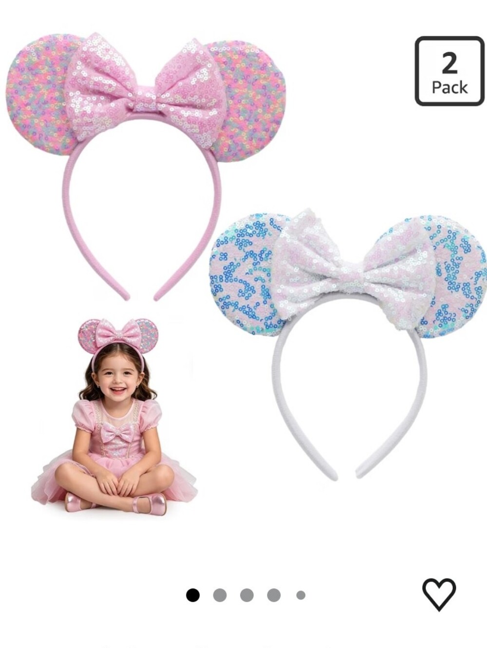 2 Pack Rainbow Pink Blue Mouse Ears Headbands, Sequins